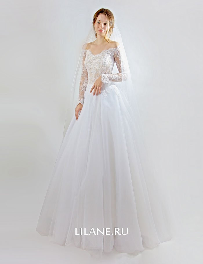 Роскошное корсетное белое свадебное платье Azaliya с открытыми плечами и длинными рукавами.