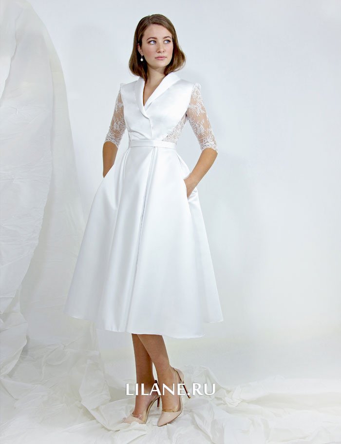 Белое атласное свадебное платье-пиджак Ariel длиной миди