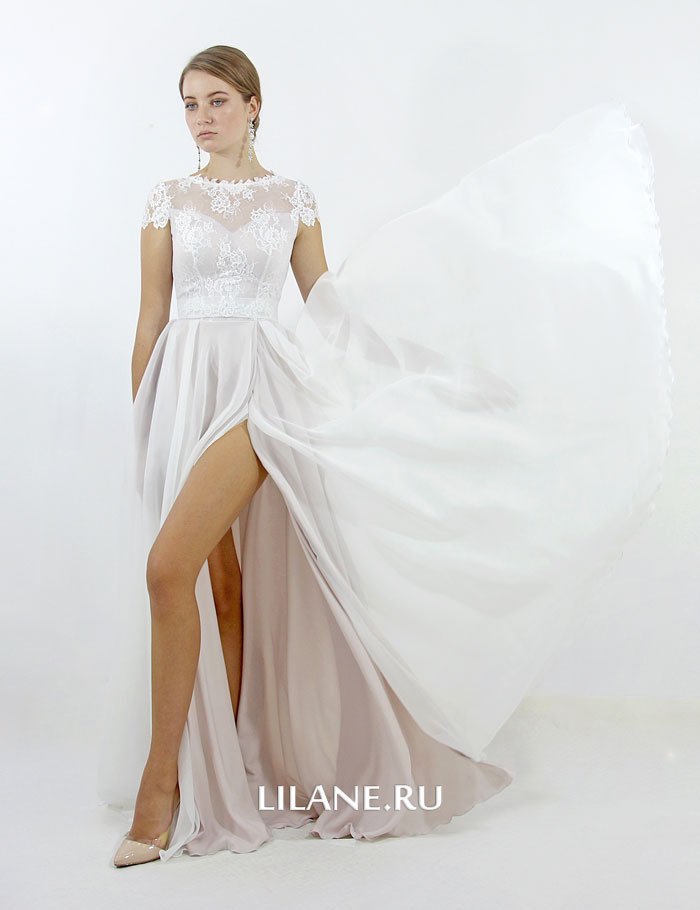 Летнее лёгкое прямое свадебное платье Veronica с кружевным закрытым верхом без корсета.